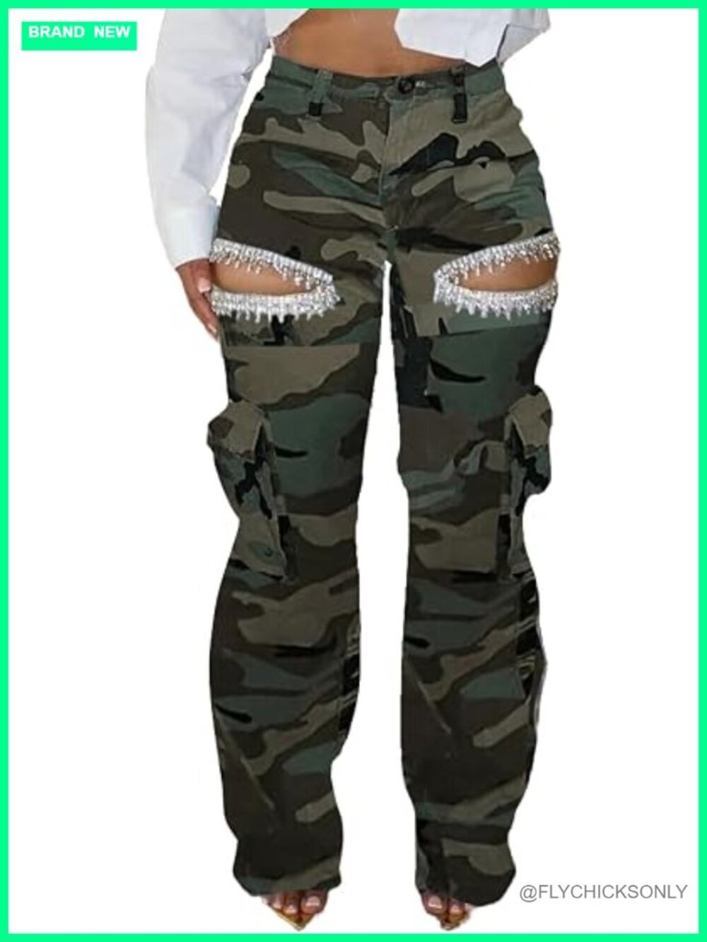Women's Rhinestone Cargo Jeans High Waisted Ripped Wide Leg Stretchy Denim